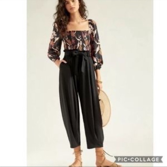Anthropologie Pant Paper Bag Waist Black Trouser Pockets Tie Waist Sz S NEW